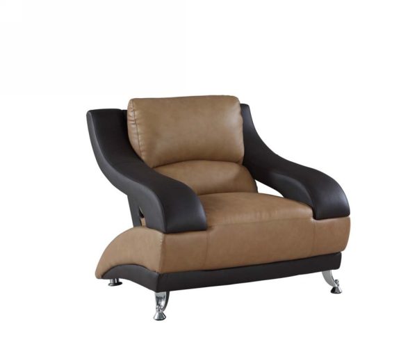 40" Beige And Black And Silver Genuine Leather Arm Chair