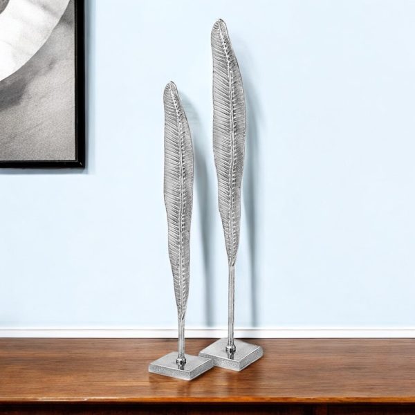 Set of Two Silver Aluminum Tall Feather Tabletop Sculptures - Image 2