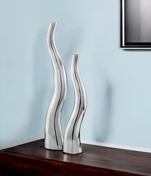 Set of Two Silver Aluminum Squiggly Table Vase