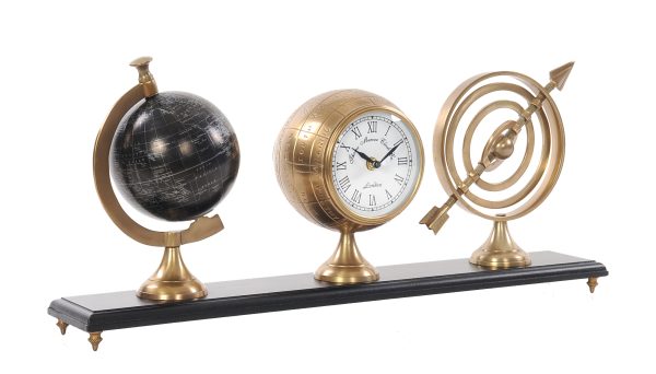 24" X 5.5" X 10.75" Armillery Clock And Globe On Wood Base - Image 2