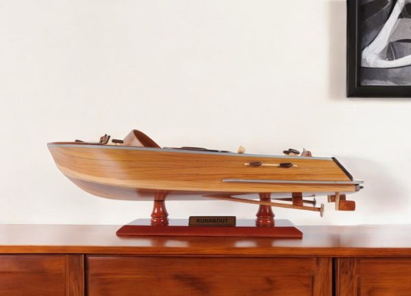 16" Brown Solid Wood Hand Painted Runabout Canoe Model Boat - Image 2
