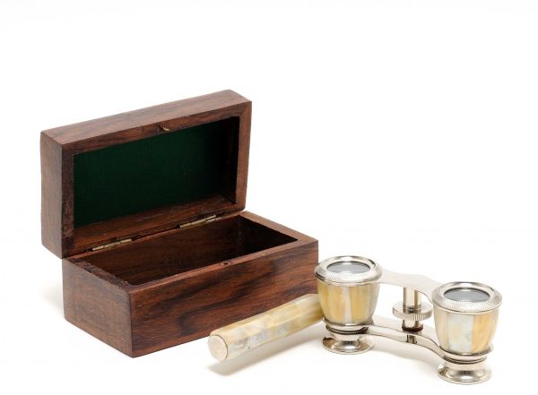 Elegant Mother Of Pearl Opera Glasses In Wood Storage Box - Image 3