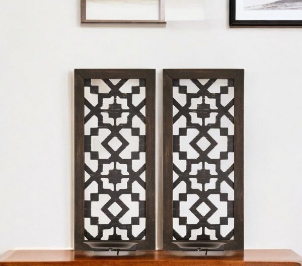 Set of Two Black Manufactured Wood And Metal Ornate Wall Sconce Candle Holders
