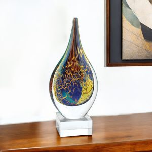 13" Blue and Yellow Murano Glass Modern Abstract Tabletop Sculpture