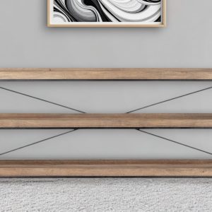 80" Light Brown and Black Solid Wood and Iron Console Table With Two Shelves