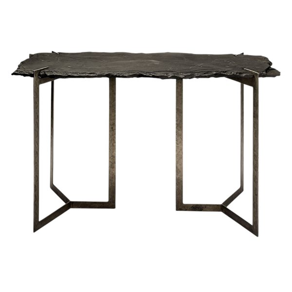 50" Black and Nickel Slate and Iron Distressed Double Pedestal Console Table - Image 2