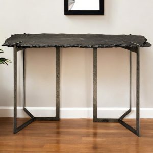 50" Black and Nickel Slate and Iron Distressed Double Pedestal Console Table