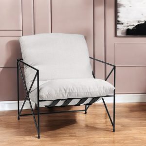 30" Cream and Black Fabric And Metal Arm Chair