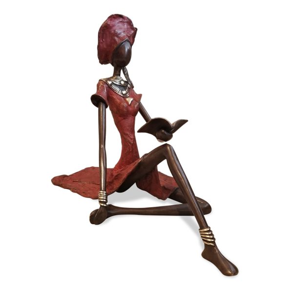 Vintage Bronze Seated West African Woman Reading Sculpture - Image 2