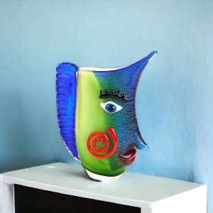 13" Blue and Green Murano Glass Modern Abstract Face Tabletop Sculpture