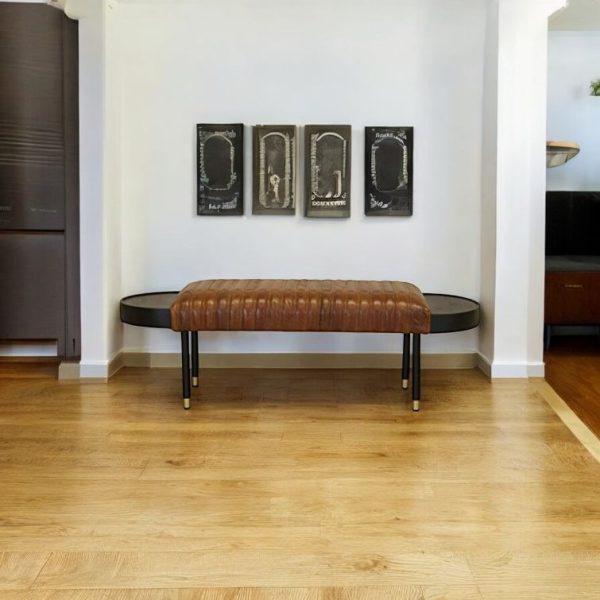 Warm Brown Leather And Solid Wood Bench