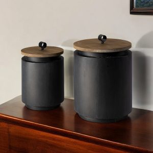Set of Two Dark Gray Metal Decorative Canister