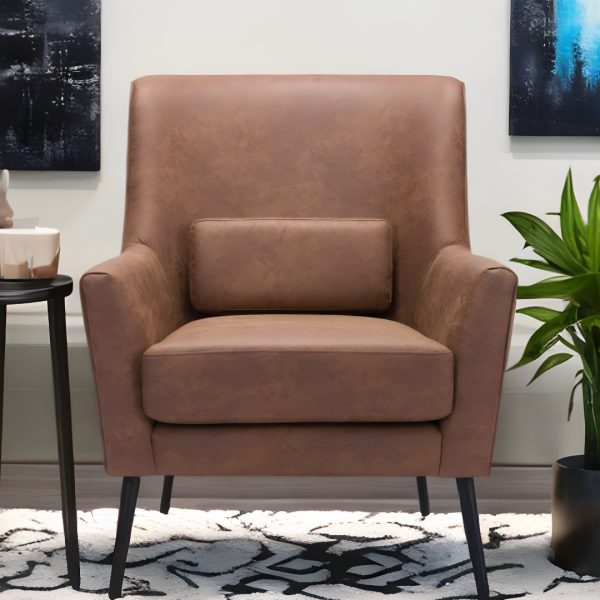 29" Brown And Black Faux Leather And Upholstered Arm Chair And Toss Pillow - Image 2