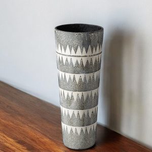19" Gray And White Abstract Cylinder Ceramic Table Vase