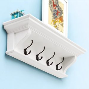 Classic White Wood Wide Four Hook Hanging Coat Rack