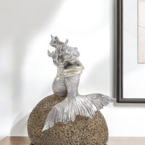 10" Brown and Silver Contemplative Mermaid Resin Tabletop Sculpture