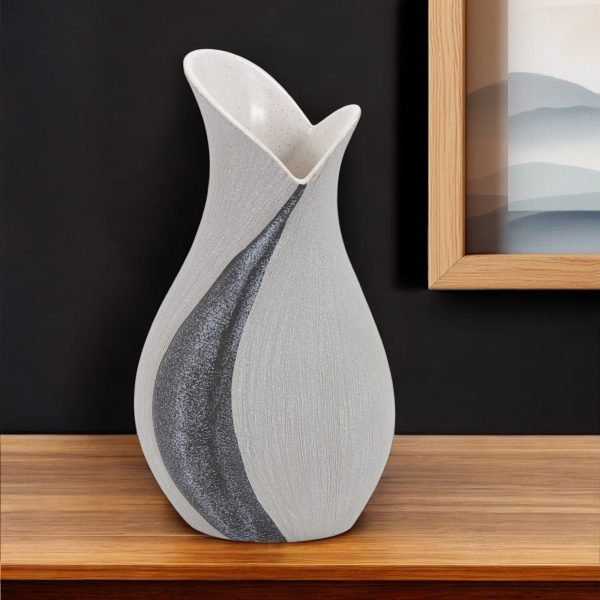 10" Gray and Off White Tulip Ceramic Table Vase With Sequins - Image 2