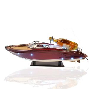 11" Wooden Wood Boat Sculpture and Wine Holder with LED Lights