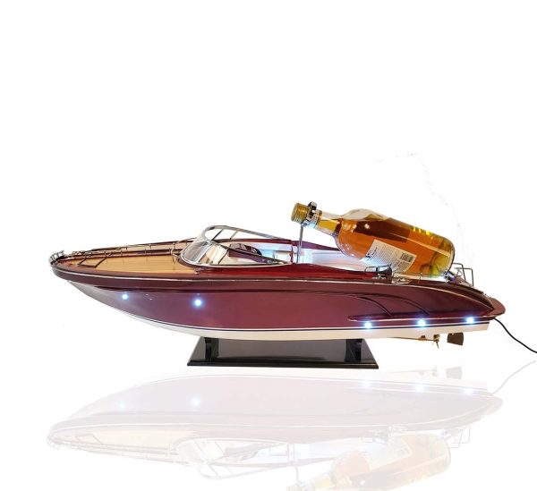 11" Wooden Wood Boat Sculpture and Wine Holder with LED Lights