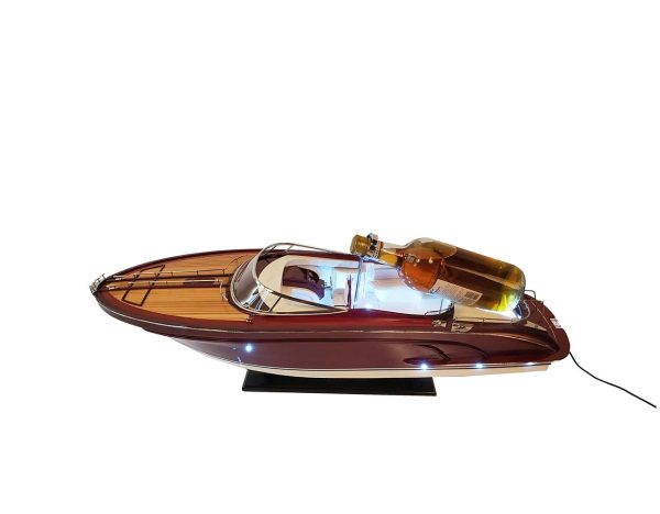 11" Wooden Wood Boat Sculpture and Wine Holder with LED Lights - Image 3