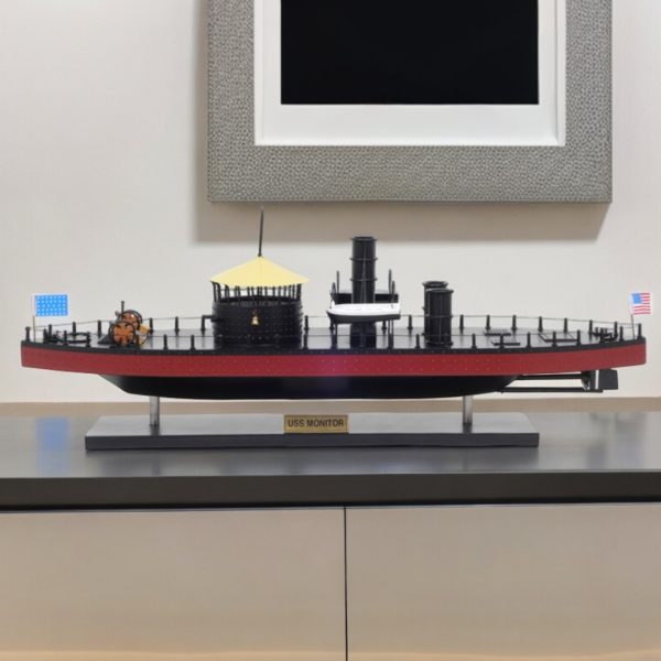 11" Black and Red Solid Wood Hand Painted 1862 USS Monitor Model Boat - Image 2