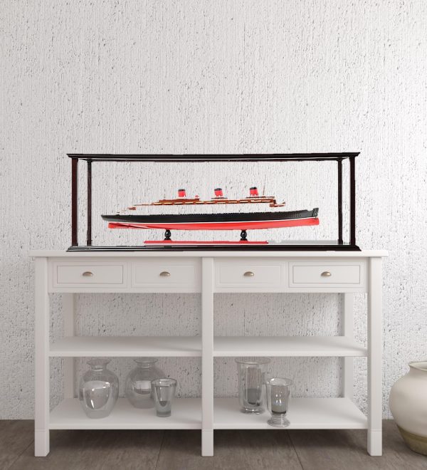 15" Black and Red Solid Wood Hand Painted Normandie Large Display Case Model Boat - Image 3