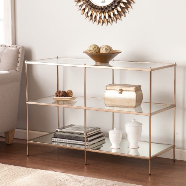 42" Clear and Gold Glass Mirrored Frame Console Table With Shelves - Image 3