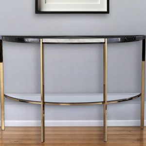 44" Black White and Champagne Faux Marble Half Moon Console Table With Shelves