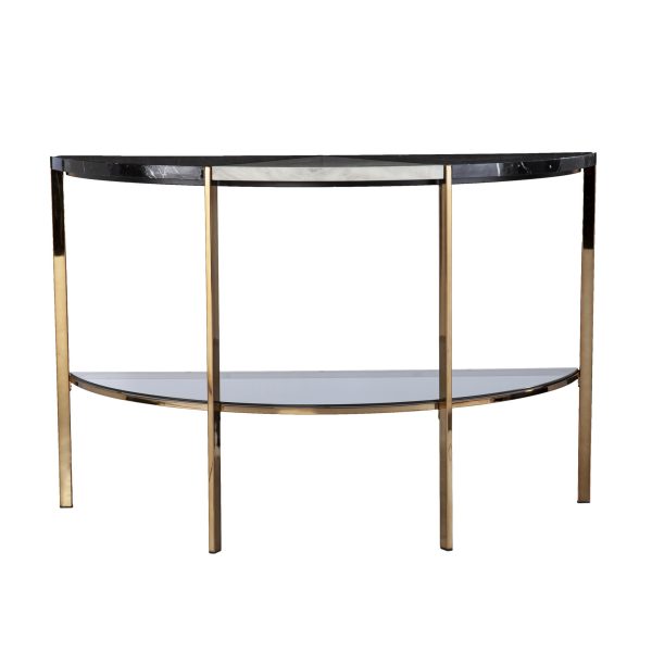 44" Black White and Champagne Faux Marble Half Moon Console Table With Shelves - Image 3