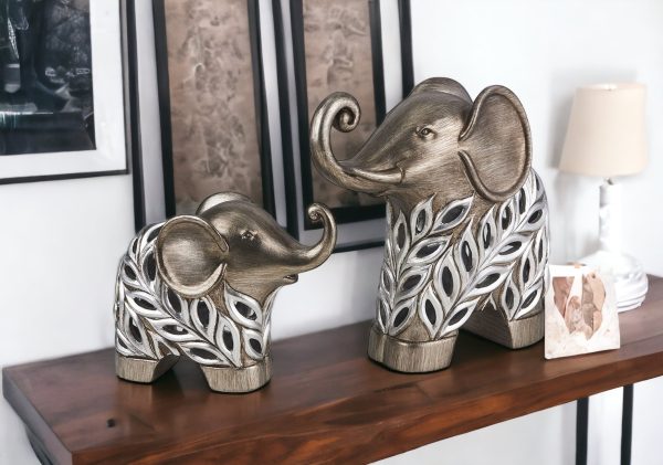 Set of Two 9" Silver Polyresin Elephant Statue - Image 2