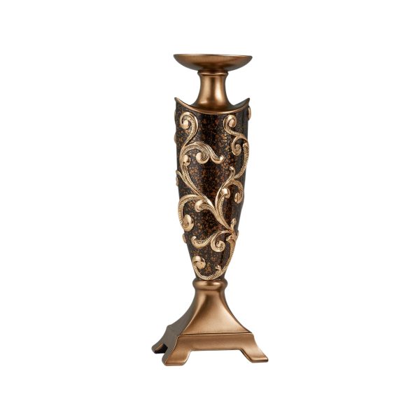 Set of Two Brown and Gold Polyresin Floral Centerpiece Pillar Candle Holders With Candle - Image 3