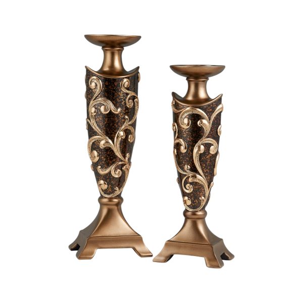 Set of Two Brown and Gold Polyresin Floral Centerpiece Pillar Candle Holders With Candle - Image 2