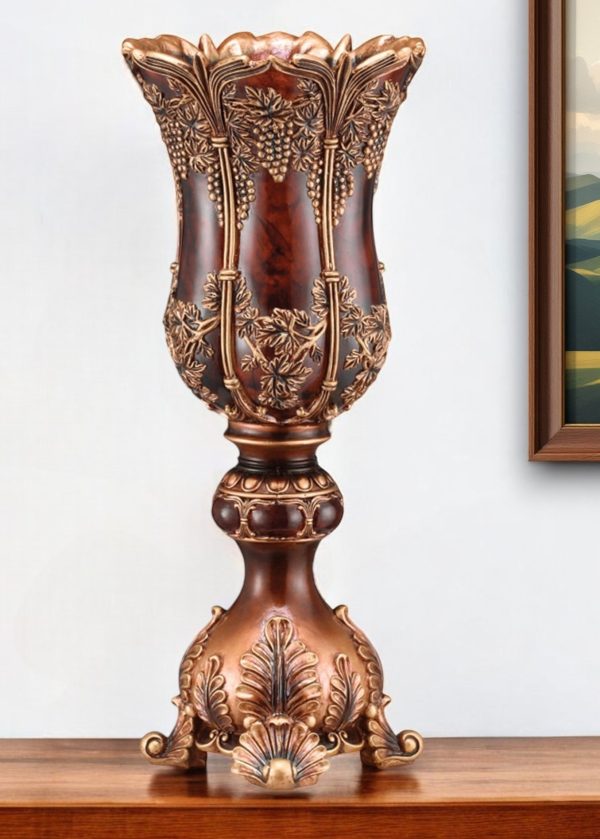20" Brown And Red Floral Urn Polyresin Table Vase With Sculptural Details - Image 2