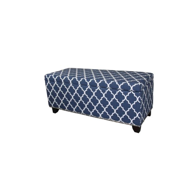 42" Blue and White and Dark Brown Upholstered Polyester Quatrefoil Bench with Flip top - Image 2