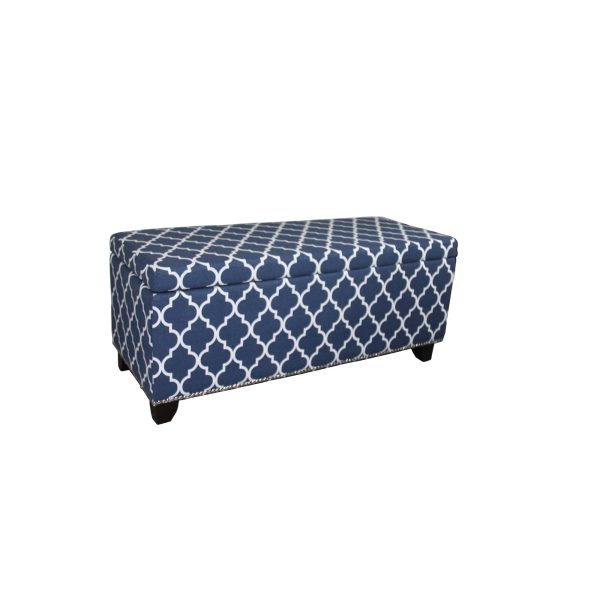 42" Blue and White and Dark Brown Upholstered Polyester Quatrefoil Bench with Flip top - Image 3