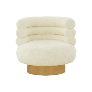 33" White And Gold Upholstered Barrel Chair