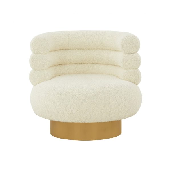 33" White And Gold Upholstered Barrel Chair
