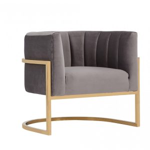 31" Gray And Gold Velvet Barrel Chair