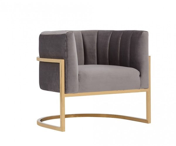 31" Gray And Gold Velvet Barrel Chair