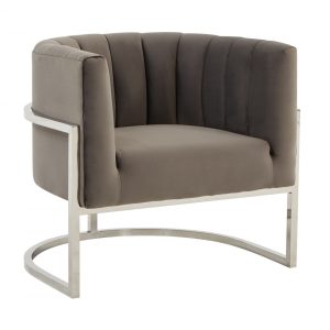 31" Gray And Silver Velvet Barrel Chair