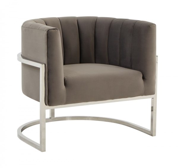 31" Gray And Silver Velvet Barrel Chair