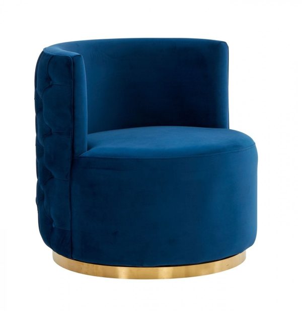 30" Blue And Gold Velvet Barrel Chair