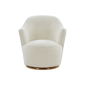 29" White And Gold Upholstered Swivel Barrel Chair