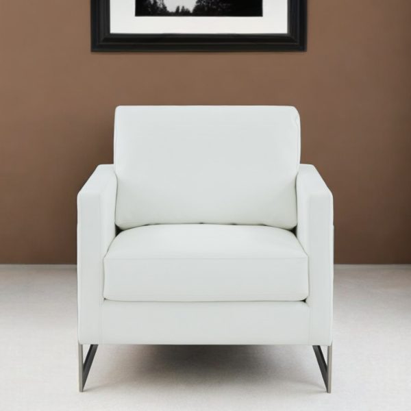 34" White And Silver Faux Leather Arm Chair - Image 2