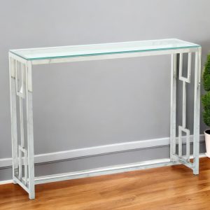 42" Clear and Silver Glass and Steel Frame Console Table