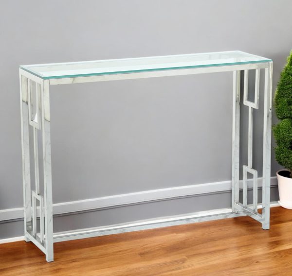 42" Clear and Silver Glass and Steel Frame Console Table