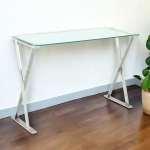 42" Clear and Silver Glass and Steel Cross Leg Console Table