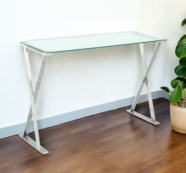42" Clear and Silver Glass and Steel Cross Leg Console Table