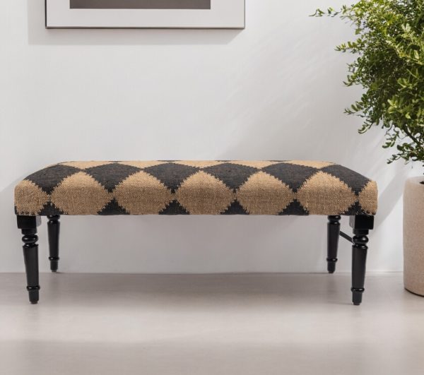47" Tan And Black Black Leg Checkered Upholstered Bench - Image 2