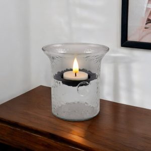 4" Clear Hammered Glass Tabletop Hurricane Candle Holder With Candle